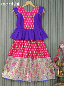 Banarasi kids lehanga blue and pink with patch work neck pattern and allover self emboss zari buttas & long zari woven border for 7 years