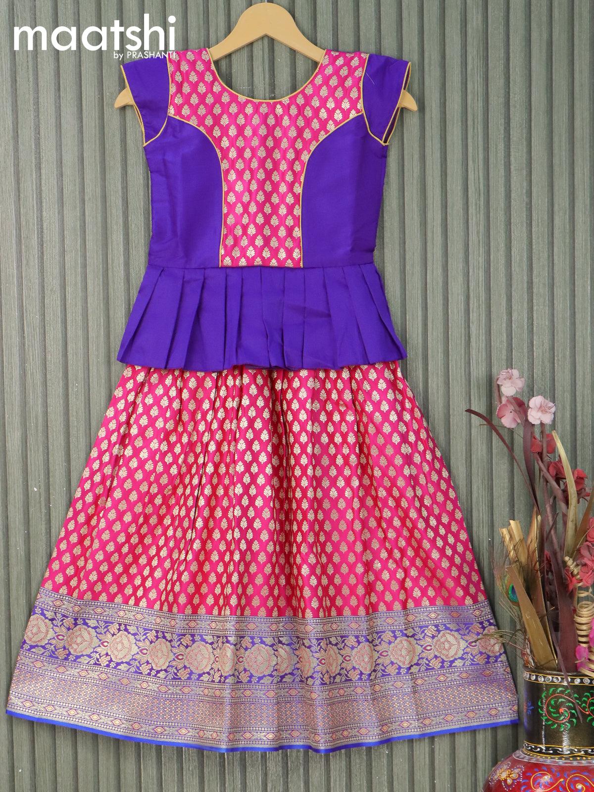 Banarasi kids lehanga blue and pink with patch work neck pattern and allover zari butta weaves & floral zari woven border for 7 years