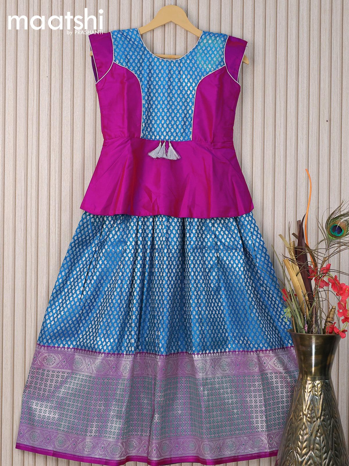 Banarasi kids lehanga magenta pink and blue with patch work neck pattern and allover silver zari buttas & long silver zari woven border for 10 years