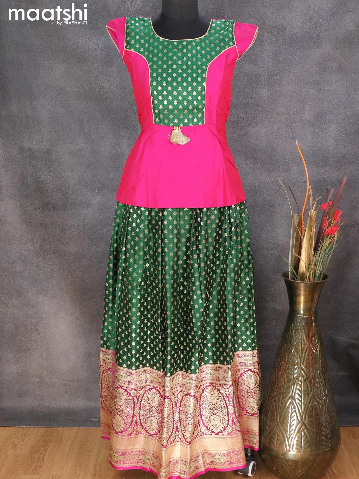 Banarasi kids lehanga pink and dark green with patch work neck pattern and allover zari buttas & long zari woven border for 13 years