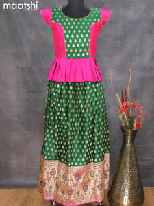 Banarasi kids lehanga pink and dark green with patch work neck pattern and allover zari buttas & long zari woven border for 14 years