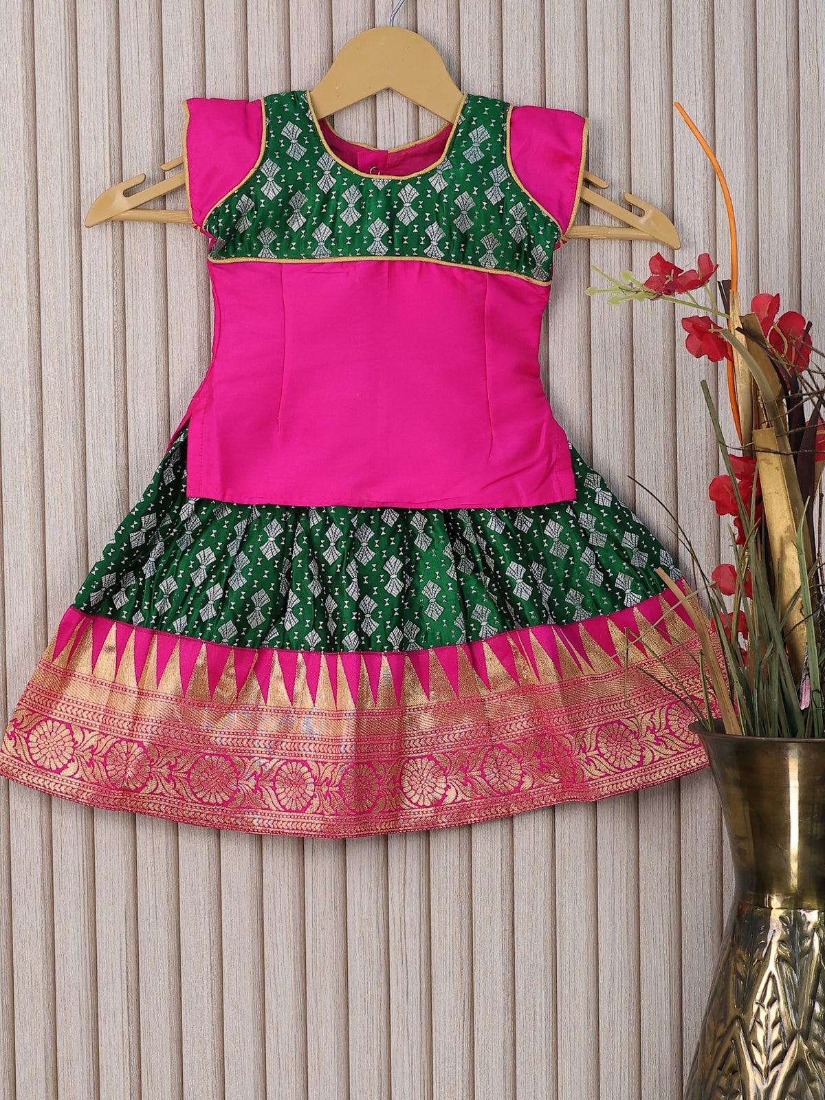 Banarasi kids lehanga pink and green with patch work neck pattern and allover silver zari weaves & temple design zari woven border for 0-6 months