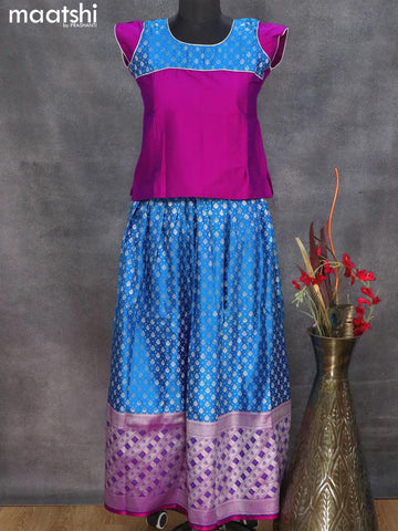 Banarasi kids lehanga purple and cs blue with patch work neck pattern and allover silver zari buttas & long silver zari woven border for 12 years