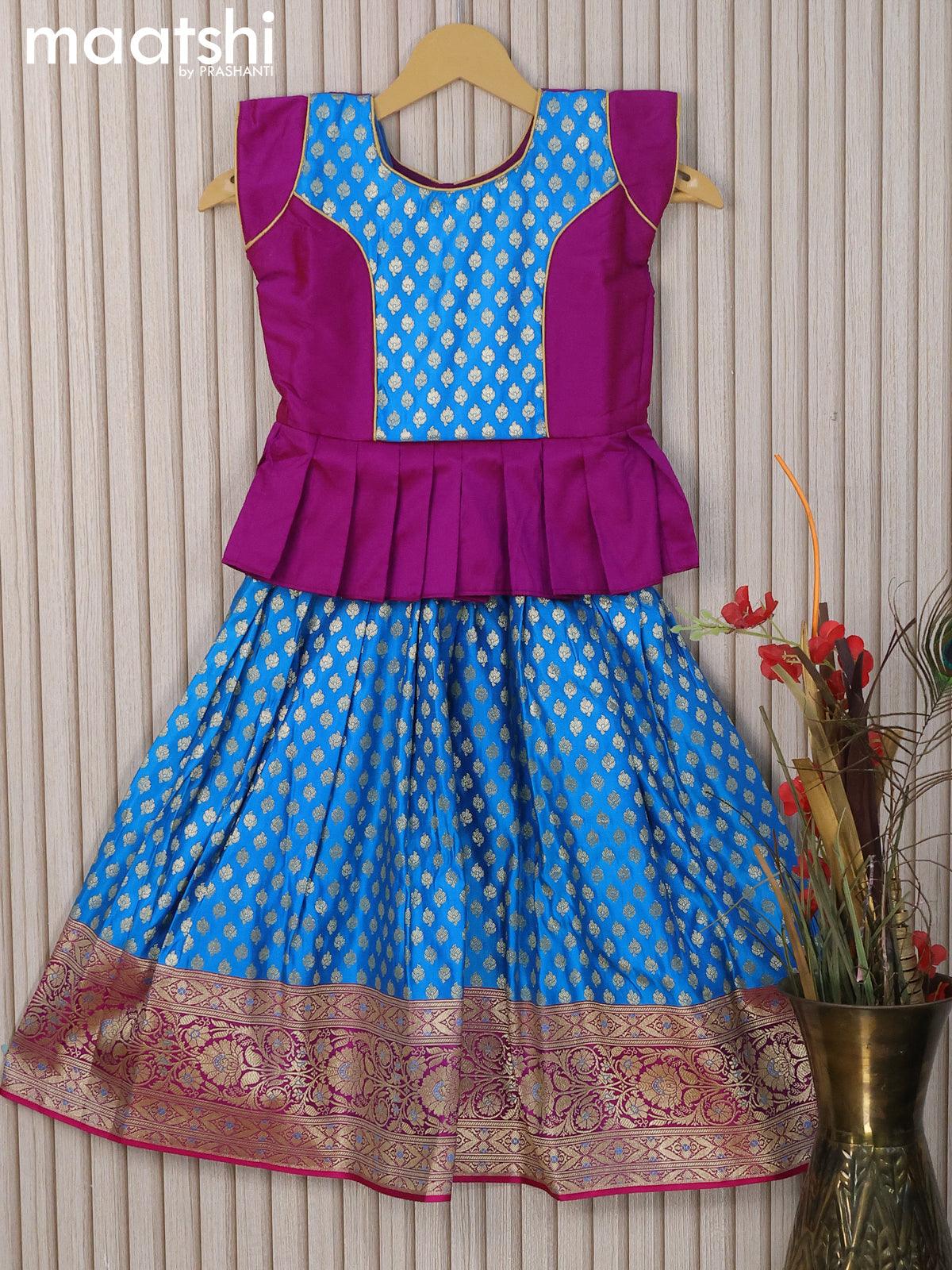 Banarasi kids lehanga purple and cs blue with patch work neck pattern and allover zari buttas & zari woven border for 6 years