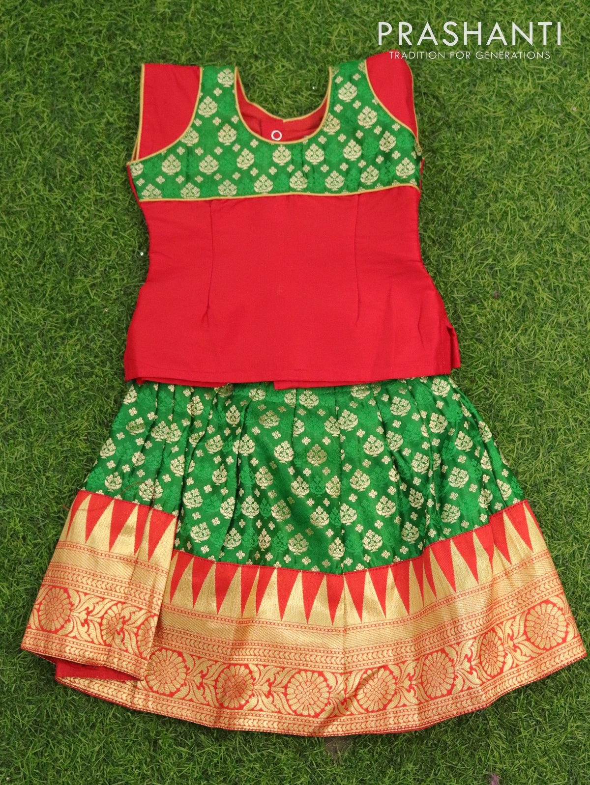 Banarasi kids lehanga red and green with patch work neck pattern and allover zari buttas & temple design floral zari border for 0 year