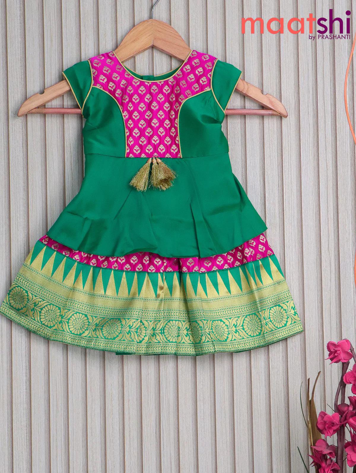 Banarasi kids lehanga teal green and pink with patch work neck pattern and allover butta weaves & temple design zari border for 0 year