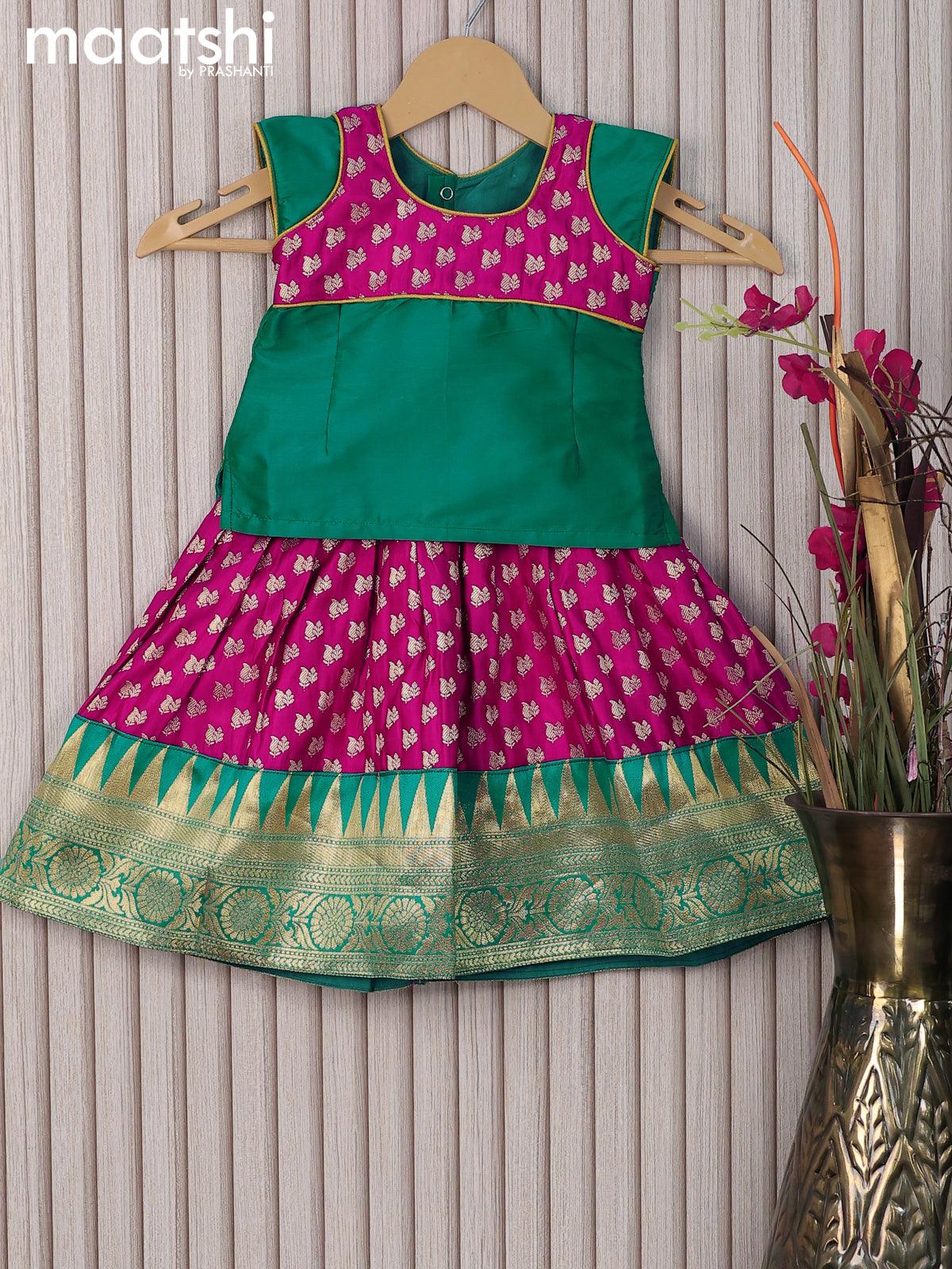 Banarasi kids lehanga teal green and pink with patch work neck pattern and allover zari buttas & temple design zari woven border for 0-6 months