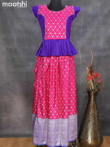 Banarasi kids lehanga violet and pink with patch work neck pattern and allover zari buttas & zari woven border for 14 years