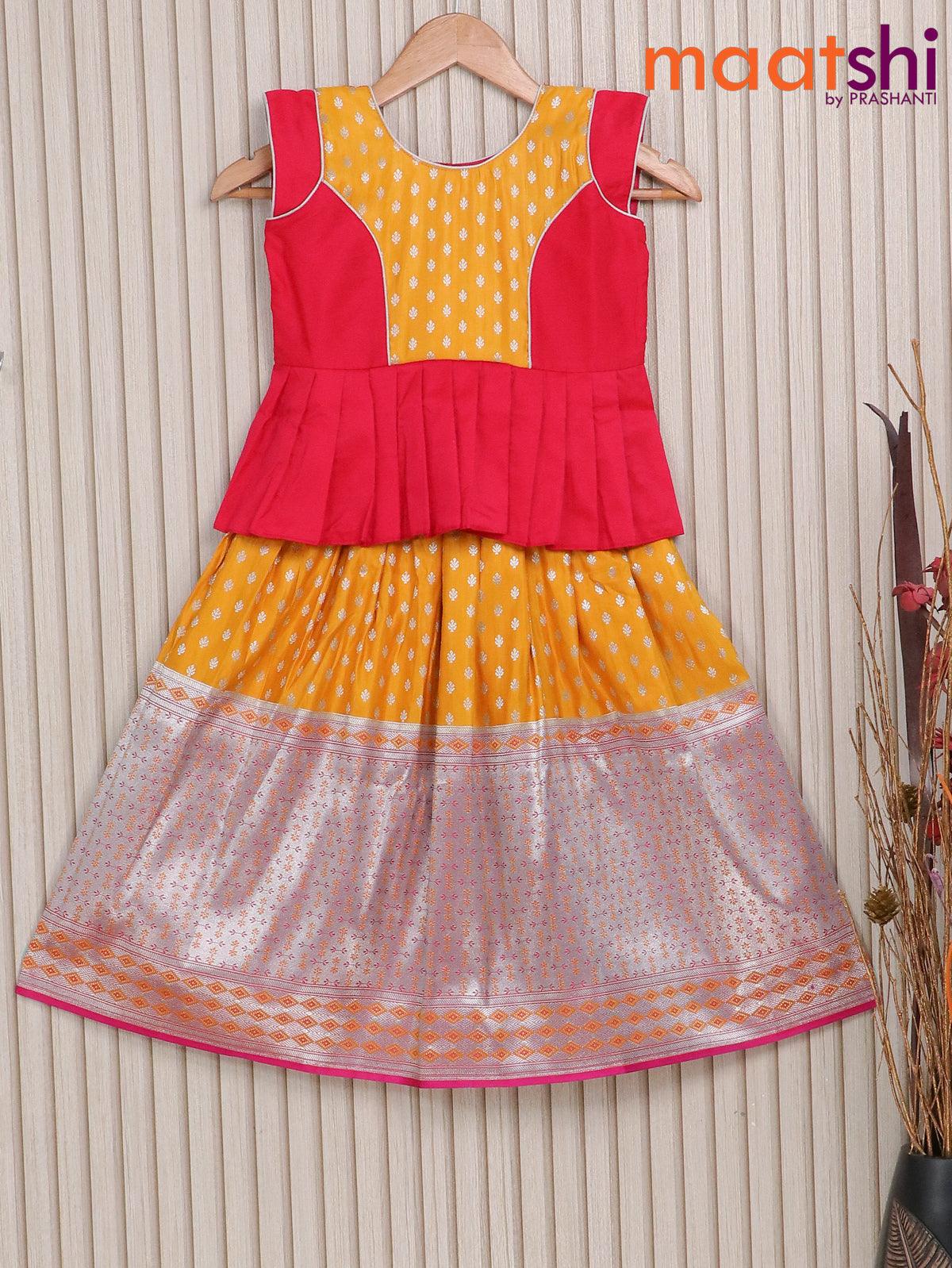 Banarasi kids lehenga dark pink and mustard yellow with patch work neck pattern and silver zari buttas & long silver zari border for 5 years