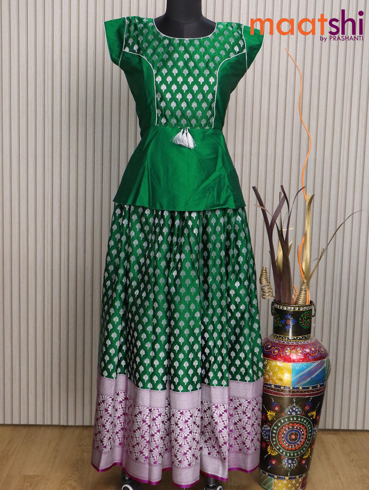 Banarasi kids lehenga green and pink with patch work neck pattern and silver zari buttas & long floral design border for 15 years