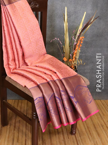 Banarasi kora saree light pink and pink with allover copper zari weaves and long copper zari woven border