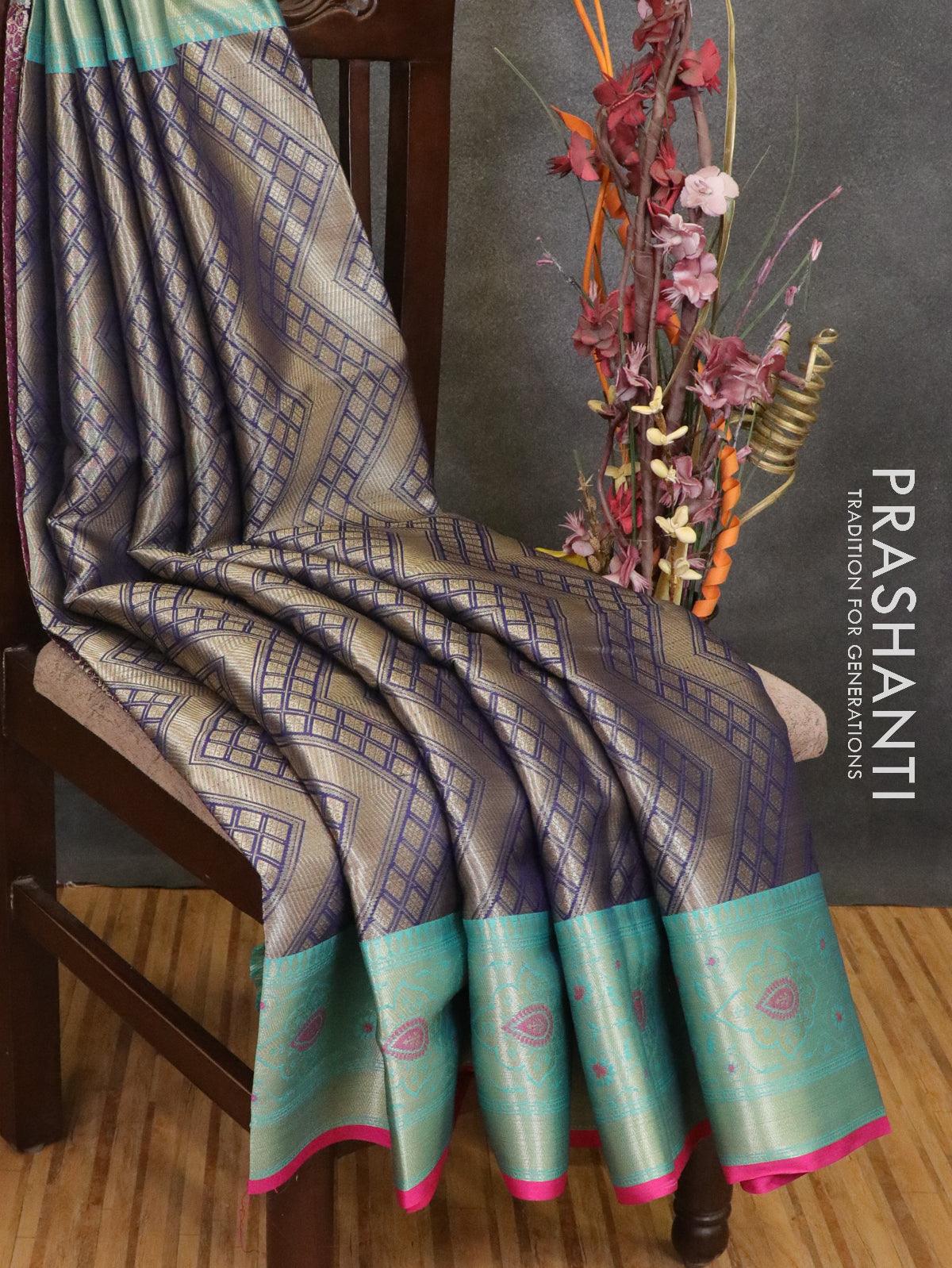 Banarasi kora saree navy blue and teal green with allover zari weaves and zari woven boder