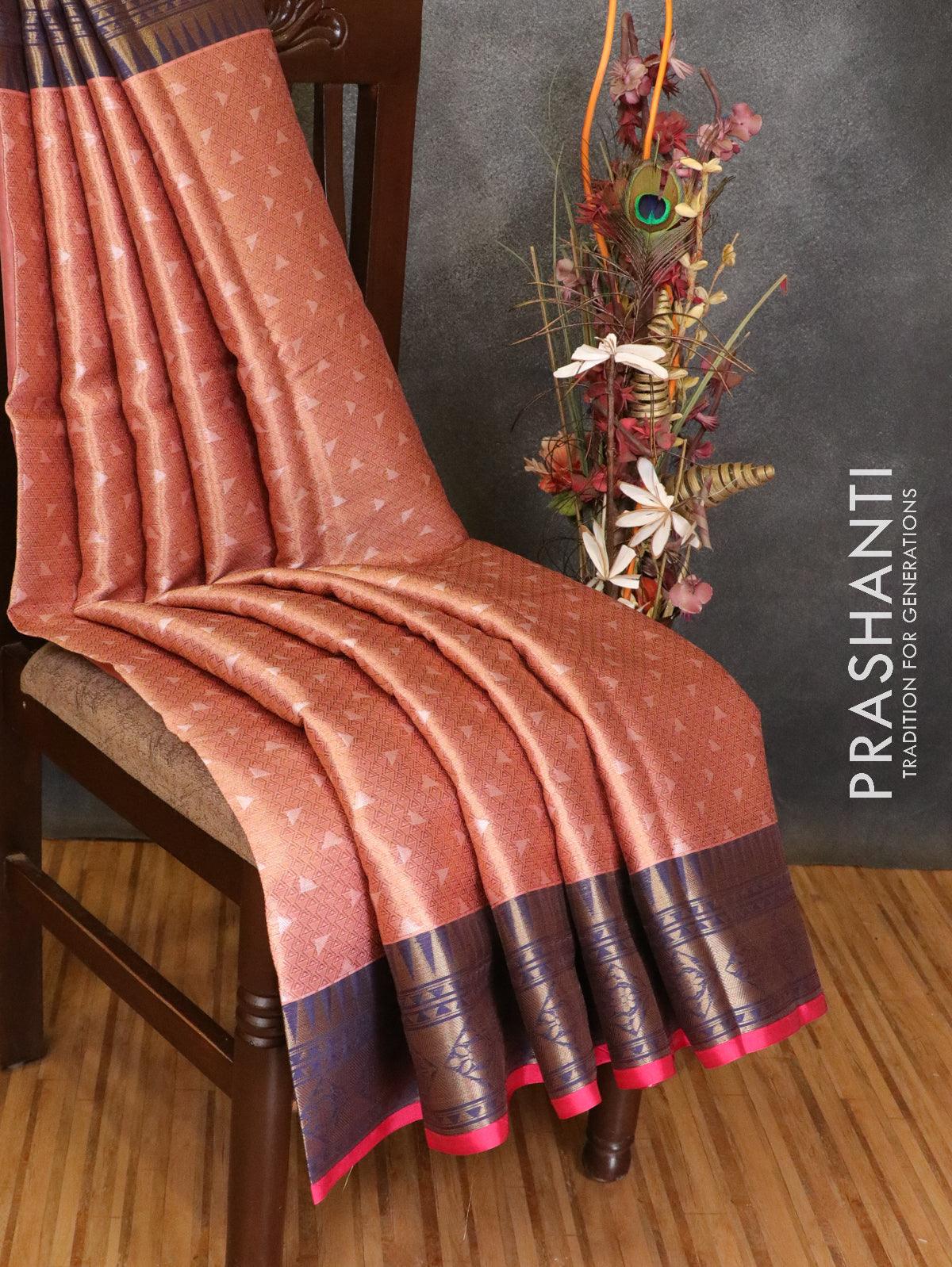 Banarasi kora saree peach pink and blue with allover zari weaves and zari woven border