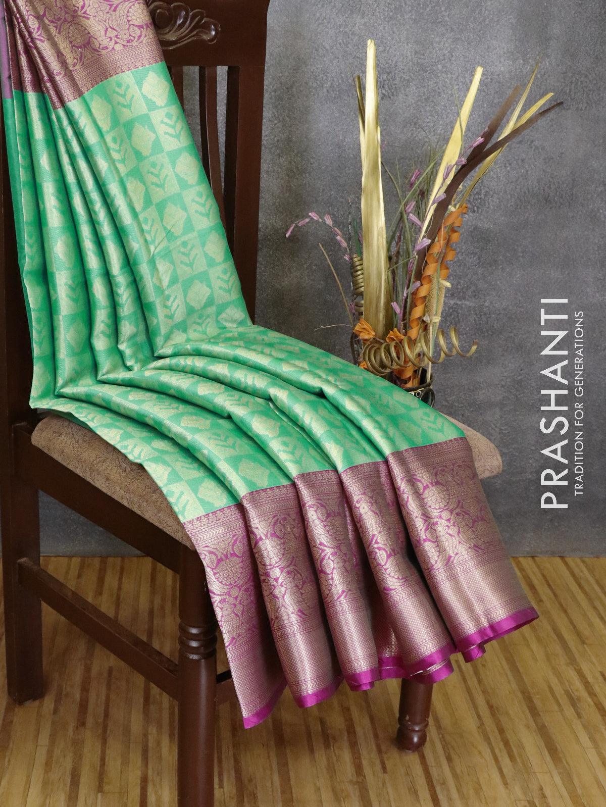 Banarasi kora saree teal green and purple with allover zari weaves and zari woven border