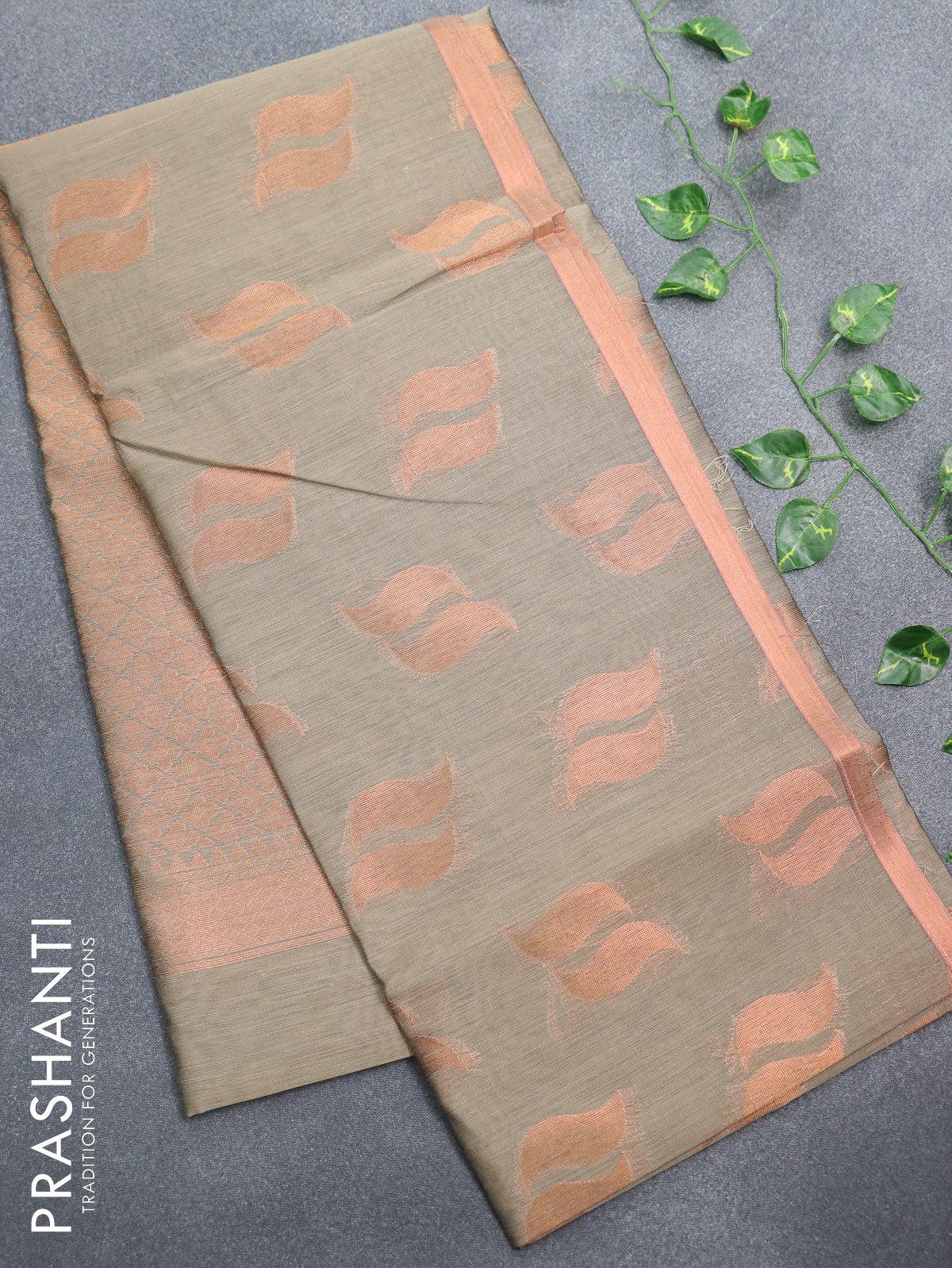 Banarasi semi cotton saree chikku shade with copper zari woven buttas and zari woven piping border