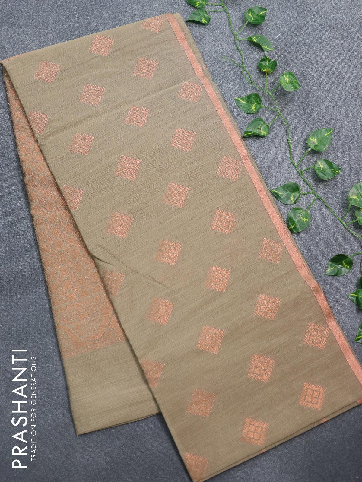 Banarasi semi cotton saree chikku shade with geometric copper zari woven buttas and zari woven piping border