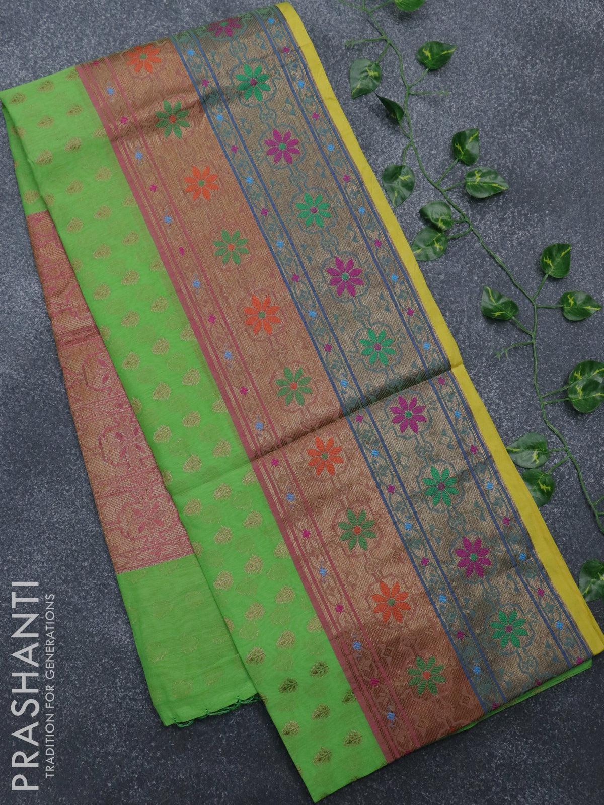 Banarasi semi cotton saree light green and pink with thread & zari woven buttas and long paithani border