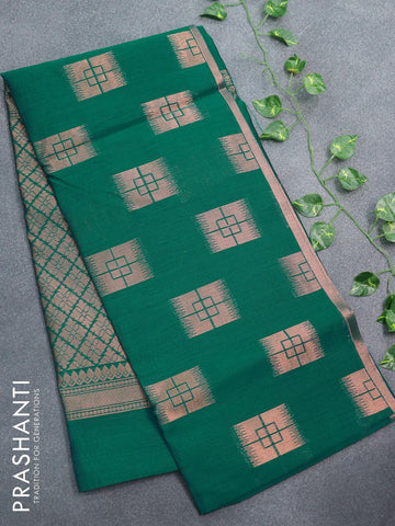 Banarasi semi cotton saree teal green with geometric copper zari woven buttas and zari woven piping border