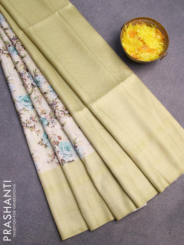 Banarasi softy silk saree cream and lime green with allover zari weaves & floral digital prints and zari woven border