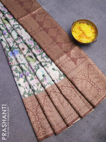 Banarasi softy silk saree dark green with allover zari weaves & floral digital prints and long zari woven border