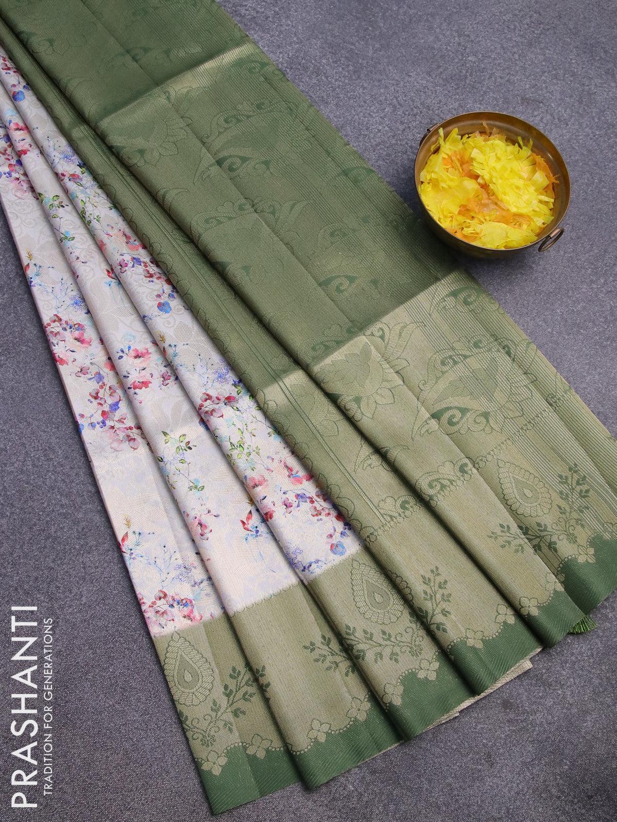 Banarasi softy silk saree pastel grey and dark green with allover zari weaves & floral digital prints and zari woven border