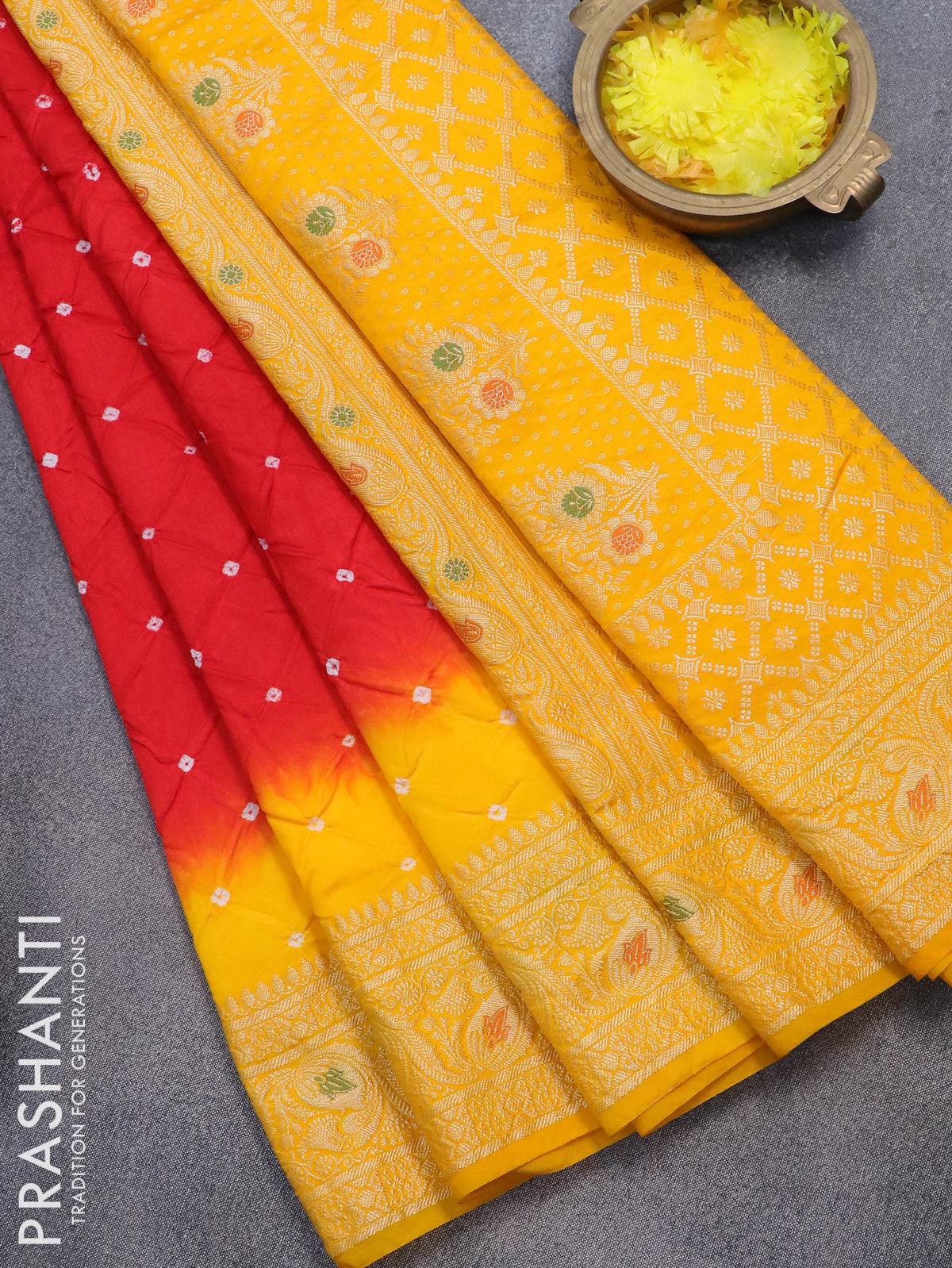 Bandhani saree red and mango yellow with bandhani prints and banarasi style mina border