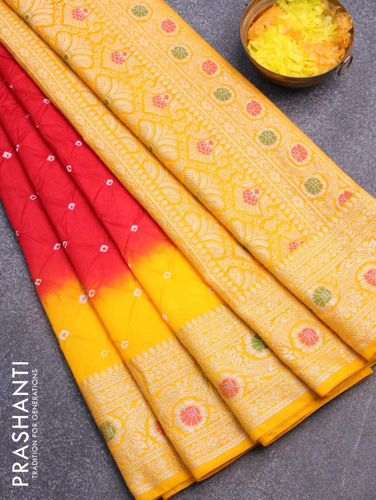 Bandhani saree red and yellow with bandhani prints and banarasi style mina border