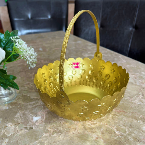 Gift Basket Gold Coated Flower Basket with Handle (Dia 7 Inches)