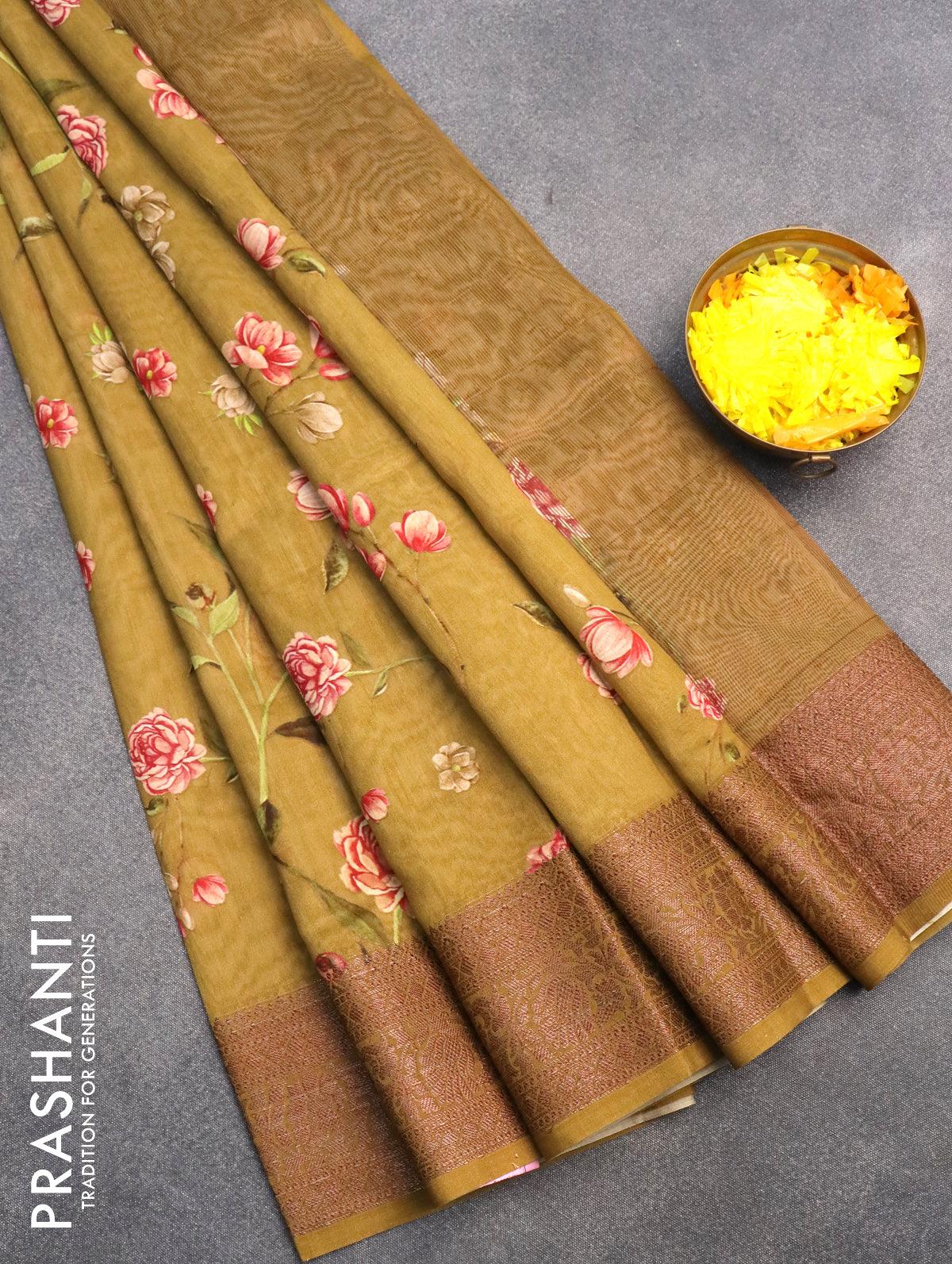 Chanderi silk cotton saree mehendi green with allover floral digital prints and woven border