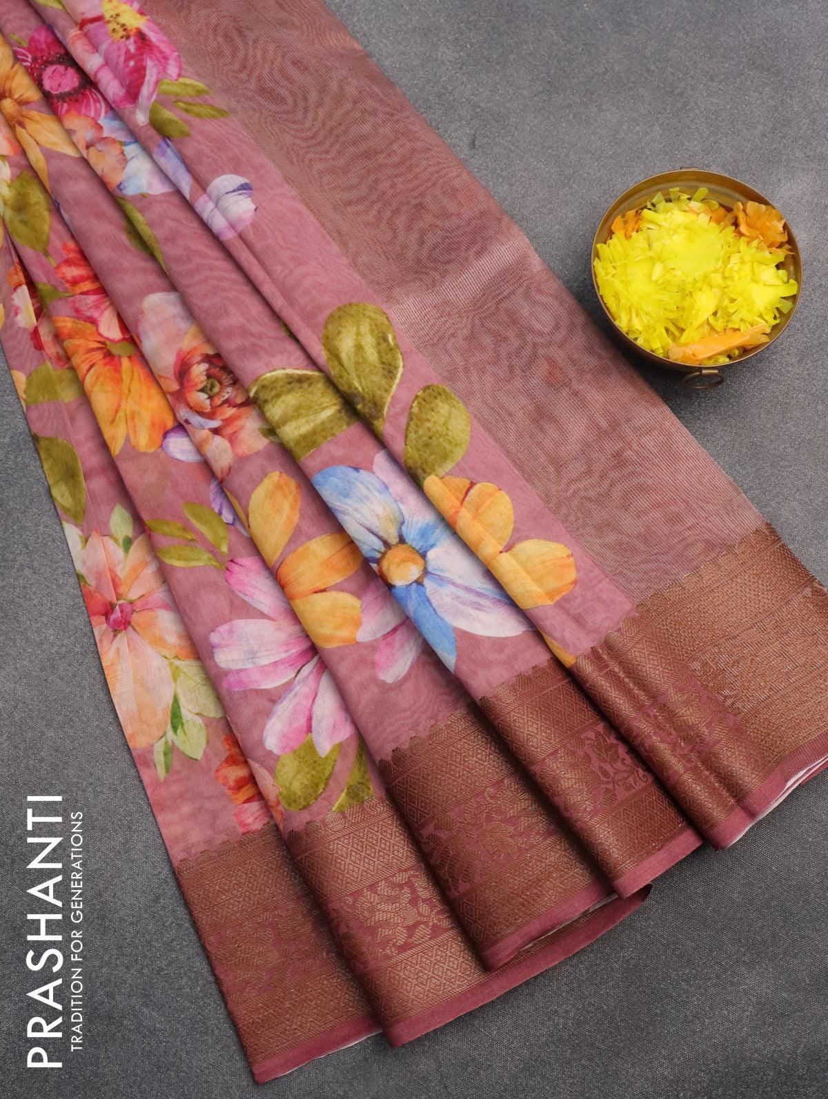 Chanderi silk cotton saree pastel pink with allover floral digital prints and woven border