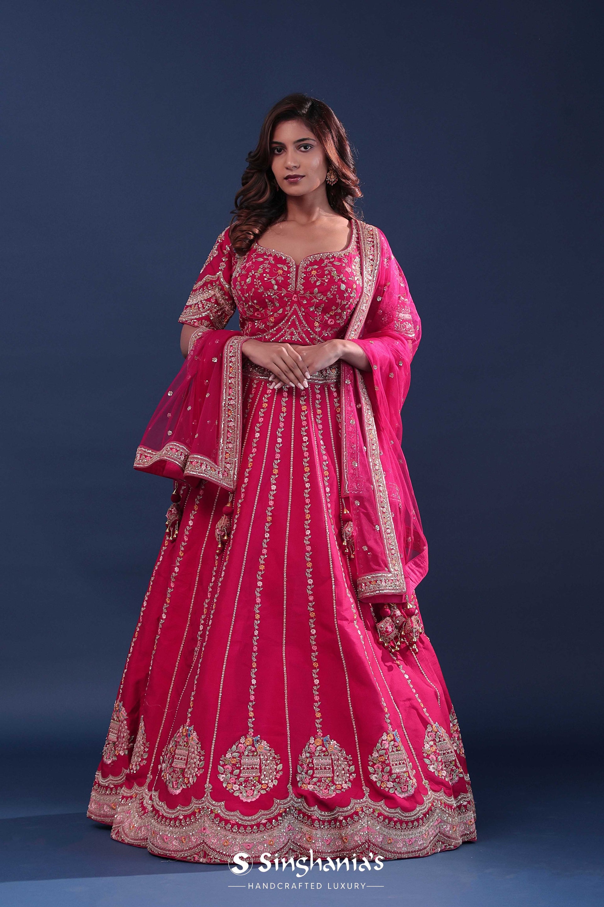 Bright Rani Pink Raw Silk Lehenga Set