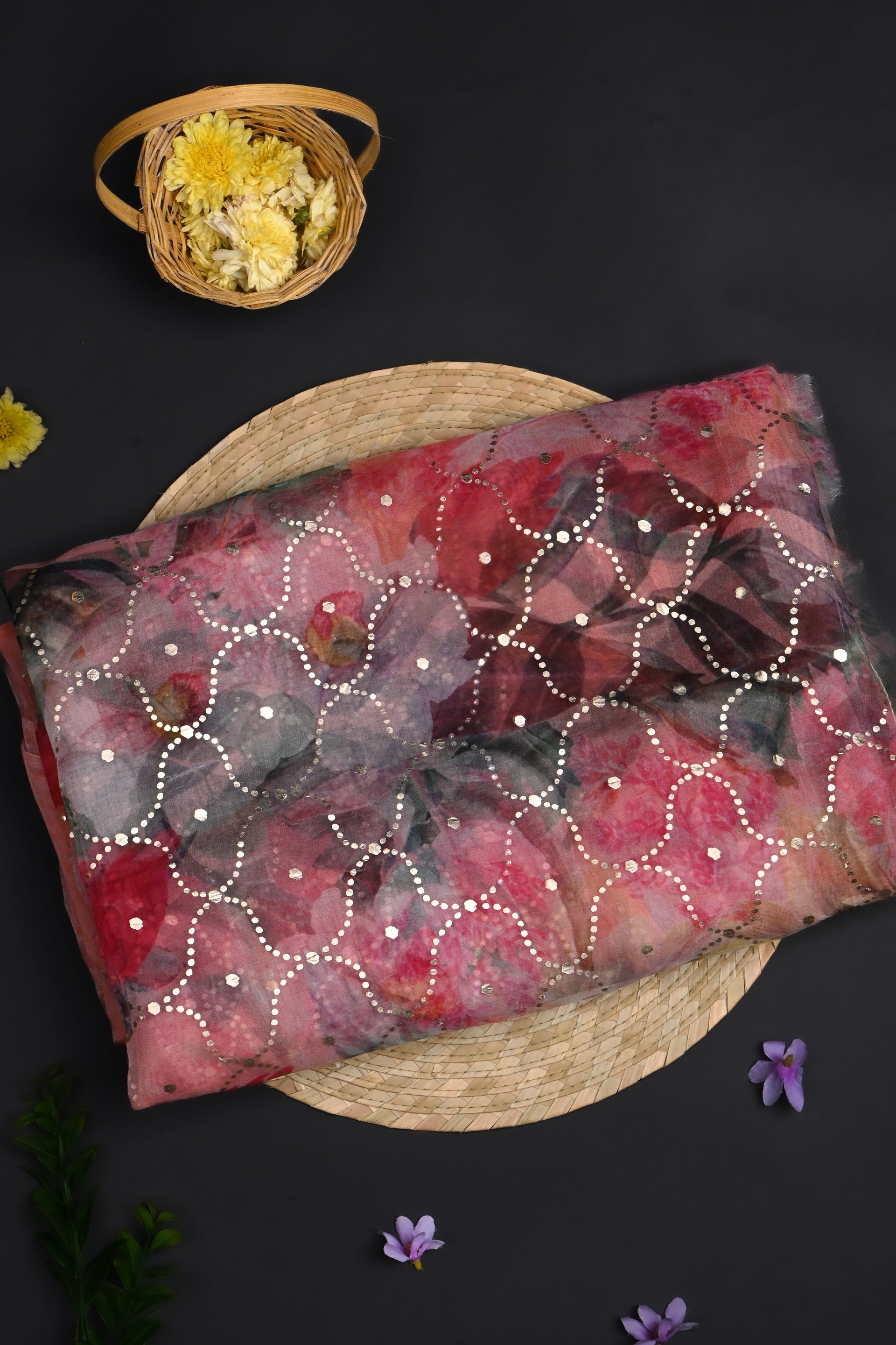 Pastel Pink Floral Printed Organza Saree