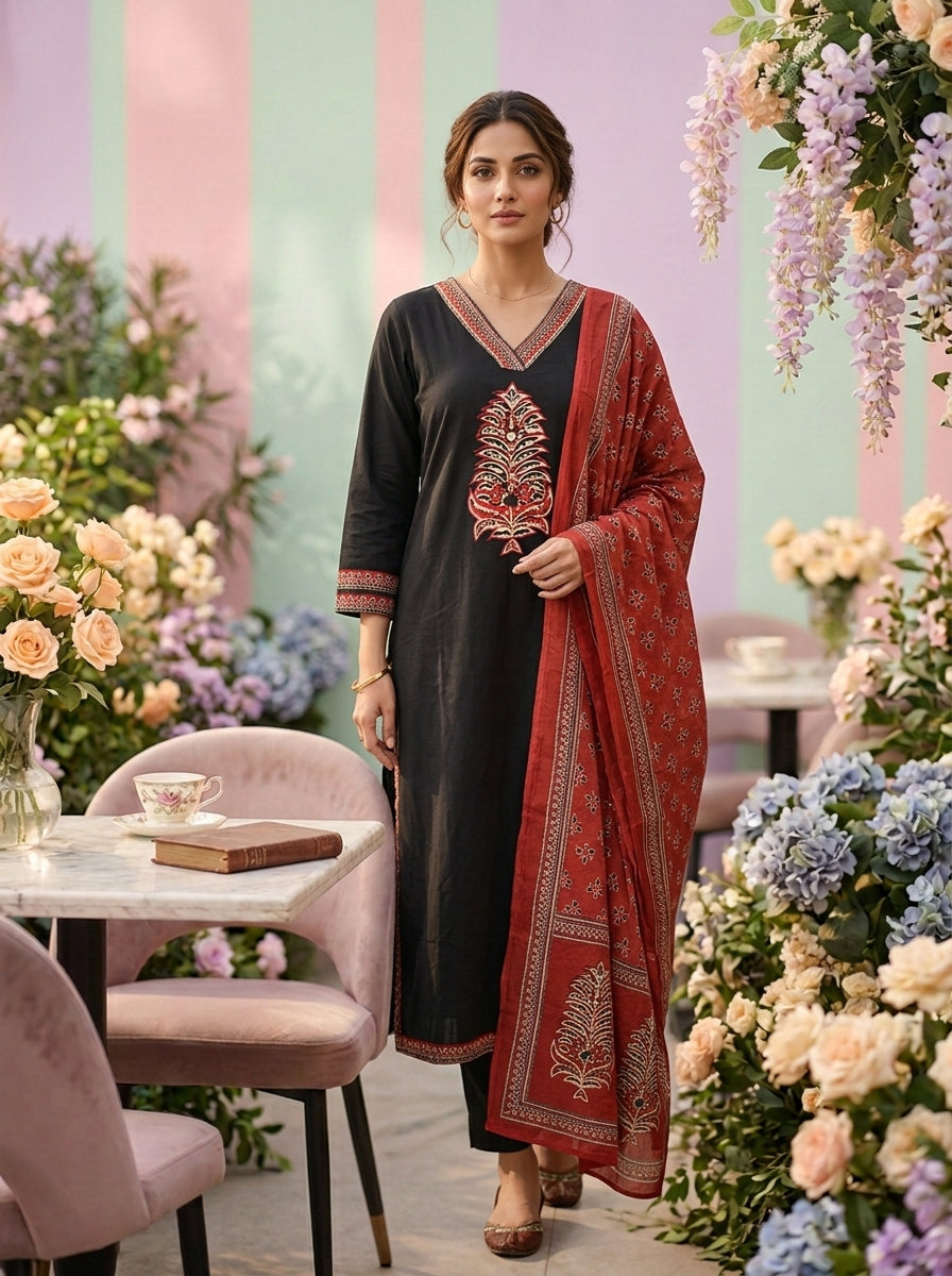Black Cotton Three Piece Set With Contrast Dupatta