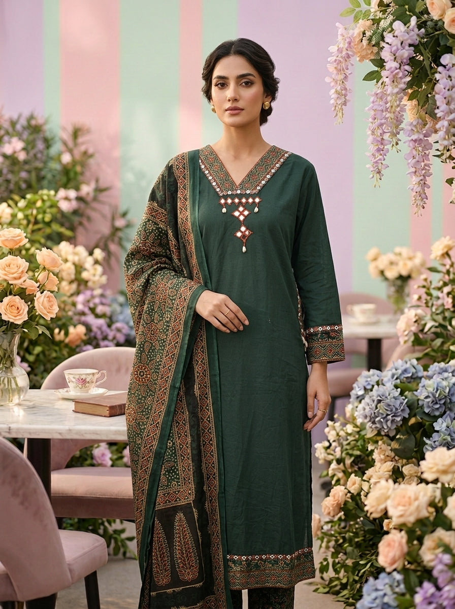 Bottle Green Cotton Printed Three Piece Set