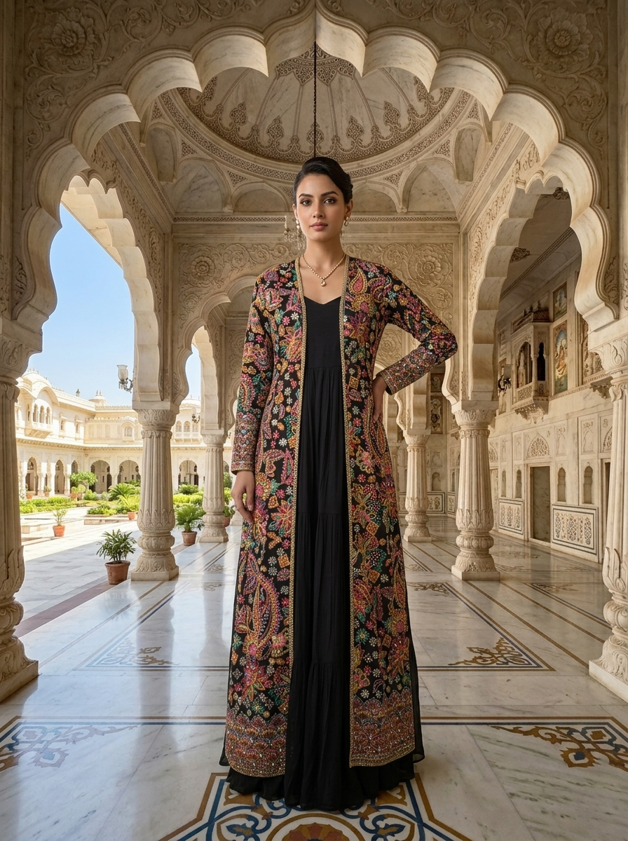 Black Georgette Thread And Stone Embroidery Anarkali Set
