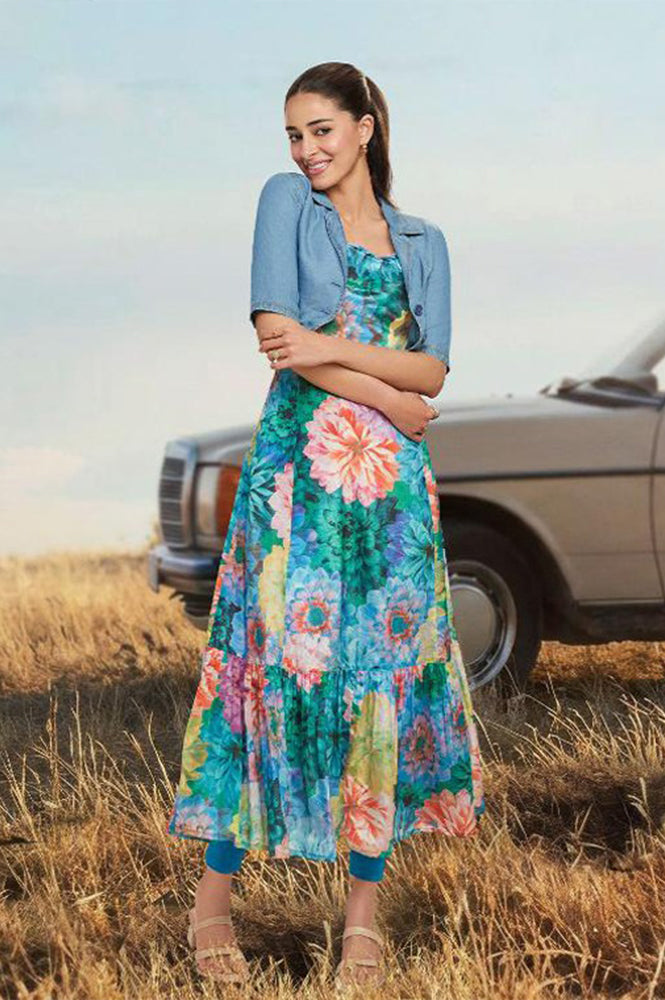Blue Floral Printed Flared Chinon Dress and Jacket Set