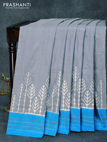 Pochampally silk saree grey and light blue with plain body and ikat woven simple border