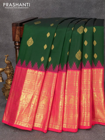 Pure gadwal silk saree green and pink with zari woven buttas and temple design long zari woven annam border