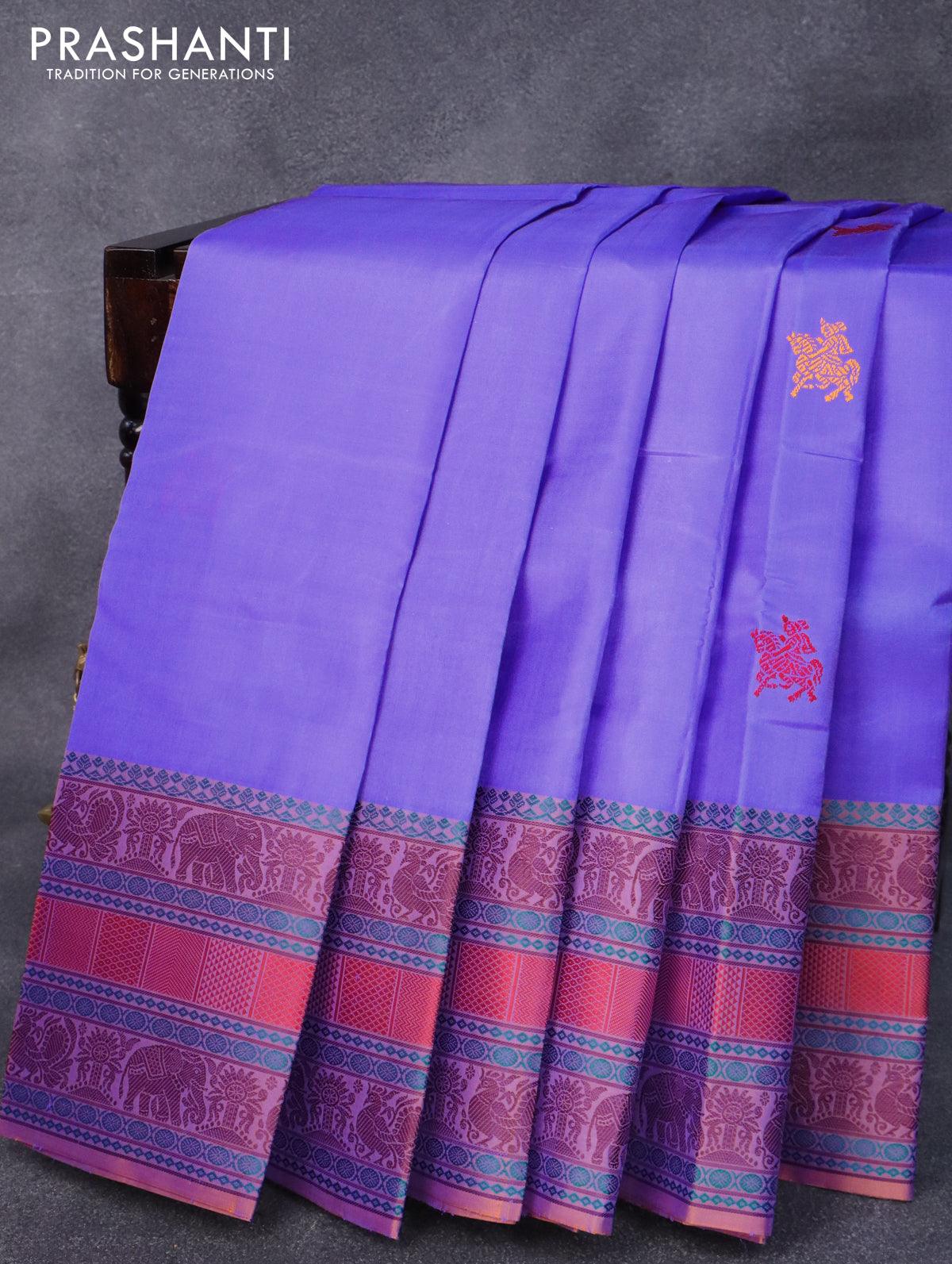 Pure kanjivaram silk saree blue and dual shade of rust with thread woven buttas and thread woven border