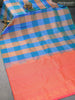 Pure kanjivaram silk saree cs blue and dual shade of pinkish orange with allover paalum pazhamum checks & buttas in borderless style
