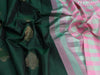 Pure kanjivaram silk saree dark green and teal green light pink with zari woven buttas in borderless style