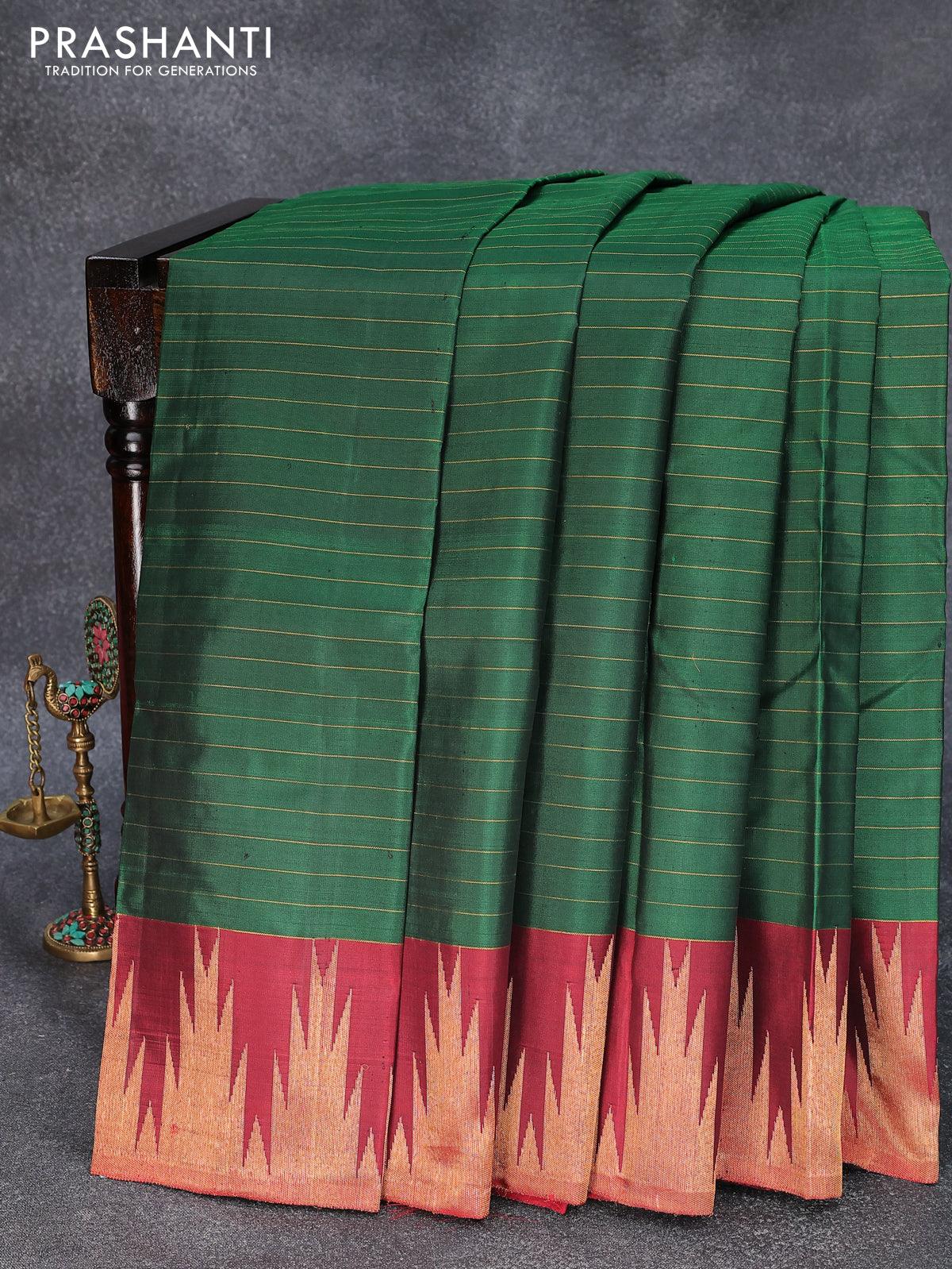 Pure kanjivaram silk saree green and maroon with allover zari woven stripes pattern and temple design zari woven border-PBR3922