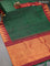 Pure kanjivaram silk saree green and maroon with allover zari woven stripes pattern and temple design zari woven border-PBR3922