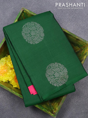 Pure kanjivaram silk saree green and pink shade with silver zari woven buttas in borderless style