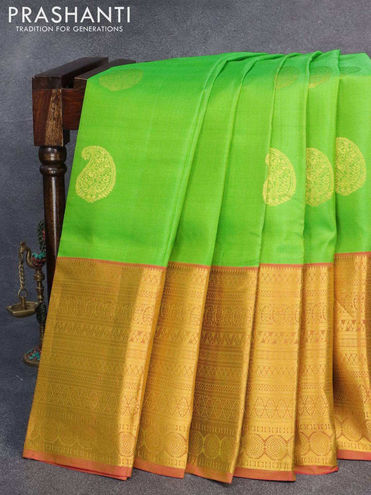 Pure kanjivaram silk saree light green and dual shade of pink with paisley zari woven buttas and long zari woven border
