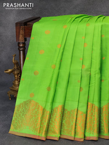 Pure kanjivaram silk saree light green and pink with copper zari woven buttas and rich copper zari woven border