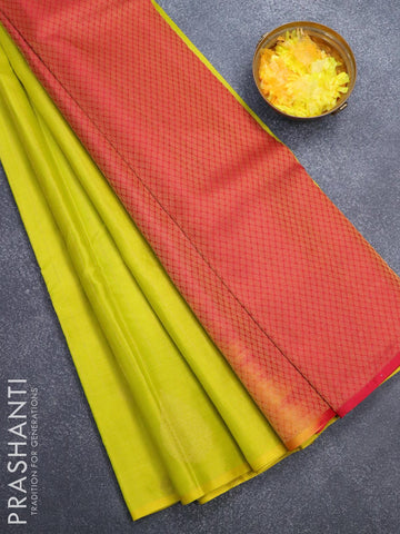 Pure kanjivaram silk saree lime yellow and dual shade of pink with allover zari weaves in borderless style