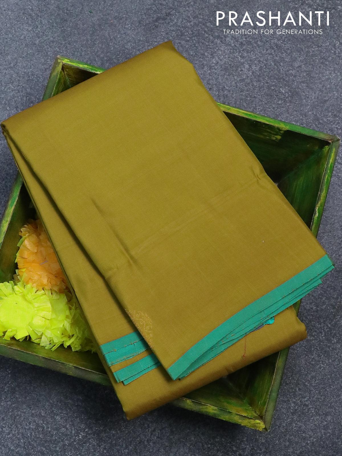 Pure kanjivaram silk saree mehendi green and teal blue with zari woven buttas and piping border
