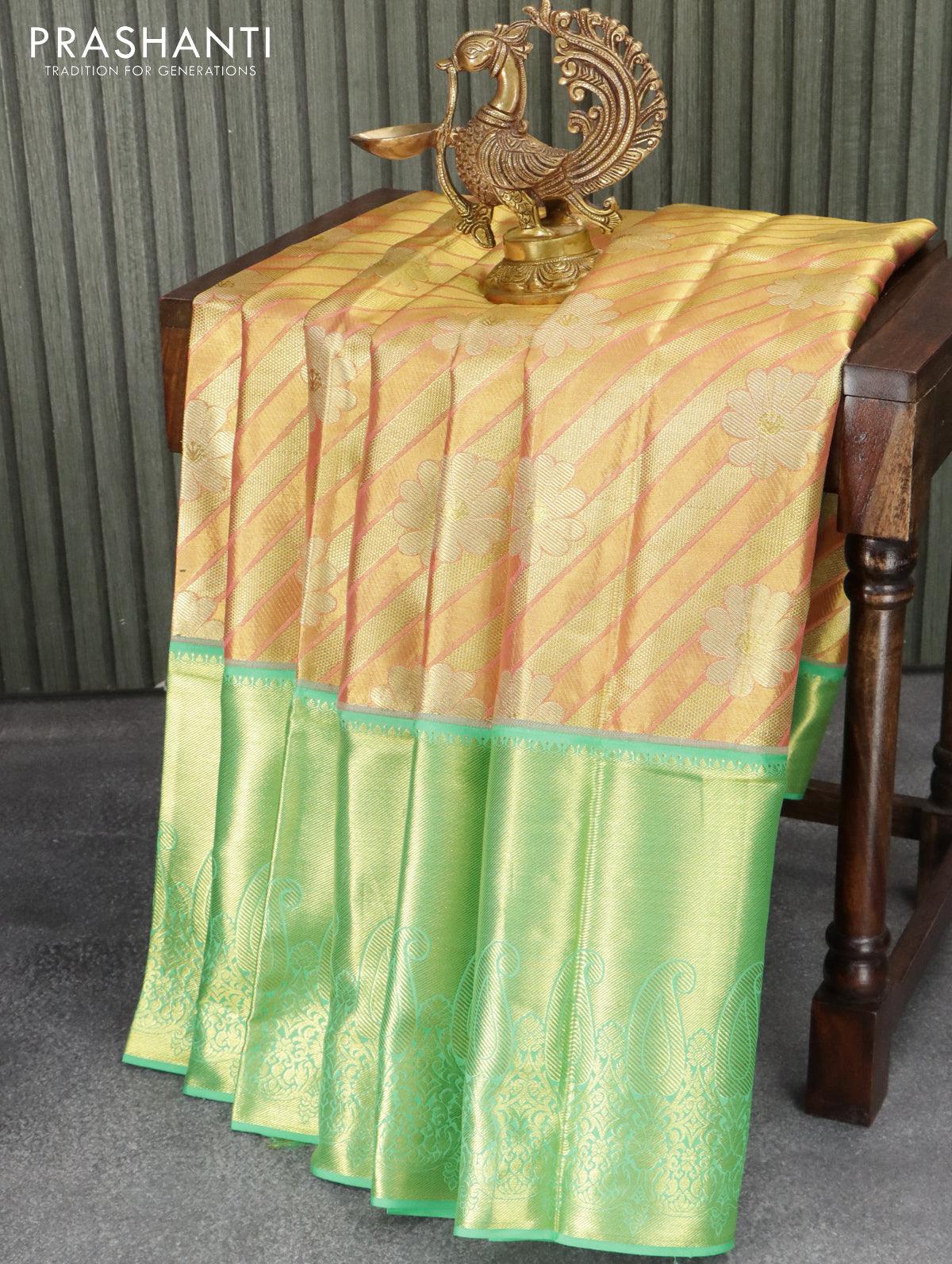 Pure Kanjivaram silk saree pink and blue with allover golden zari weaves and rich zari border