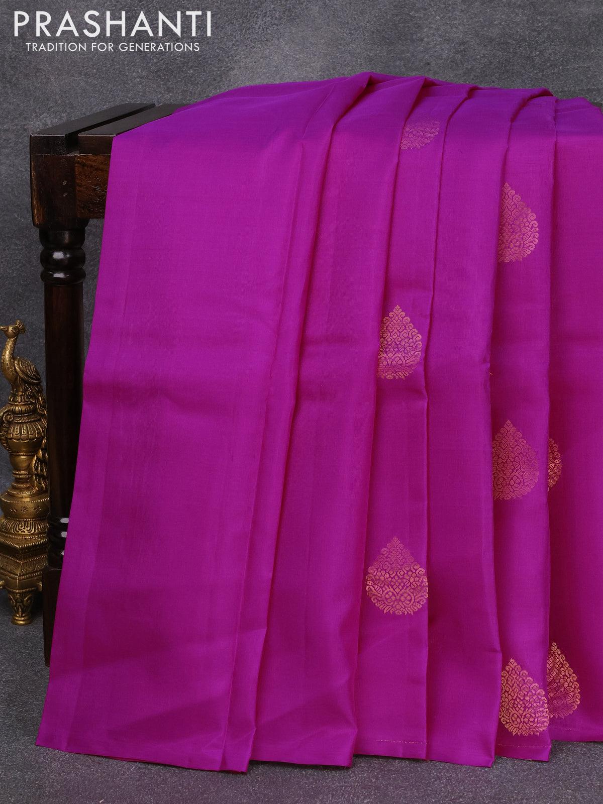 Pure kanjivaram silk saree purple and teal green shade with zari woven buttas in borderless style